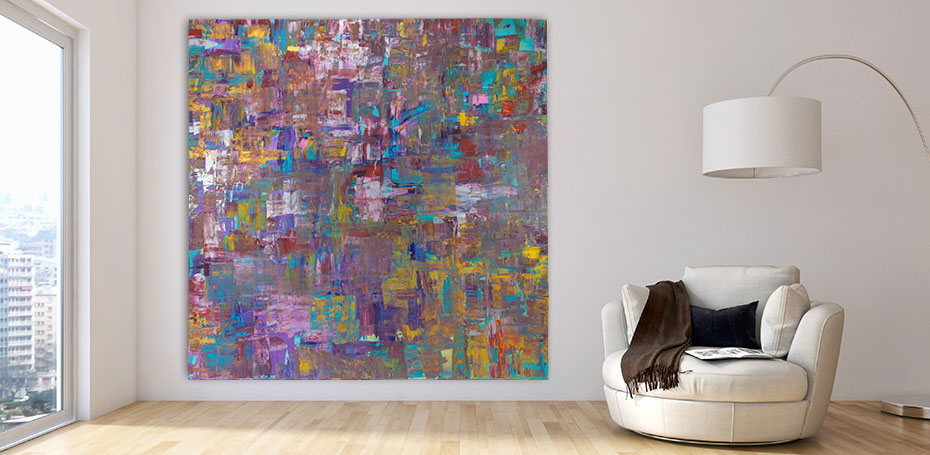 Colorful acrylic painting, cyan colored accents, golden yellow highlights, 200 x 200 cm