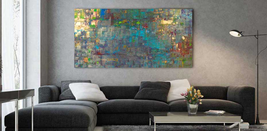 Play of colors with petrol, green, and gold, metallic acrylic artwork