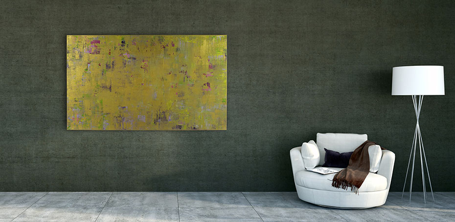 Areal gold with pastel and red-pink accents, picture size: 100 x 160 cm, fine acrylic painting