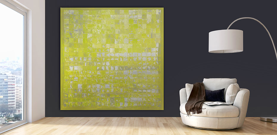 Bright yellow green square grid pattern on dark background, 200 x 200 cm