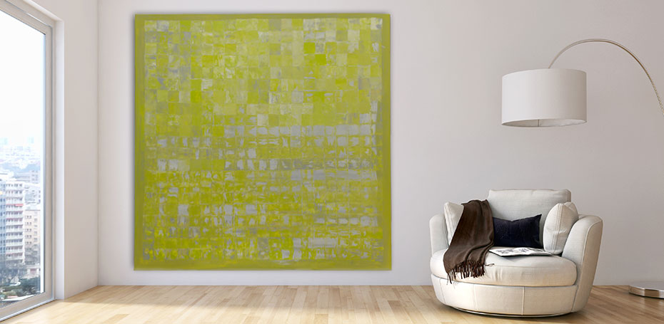 Bright yellow green square grid pattern on light background, XXL acrylic painting, 200 x 200 cm