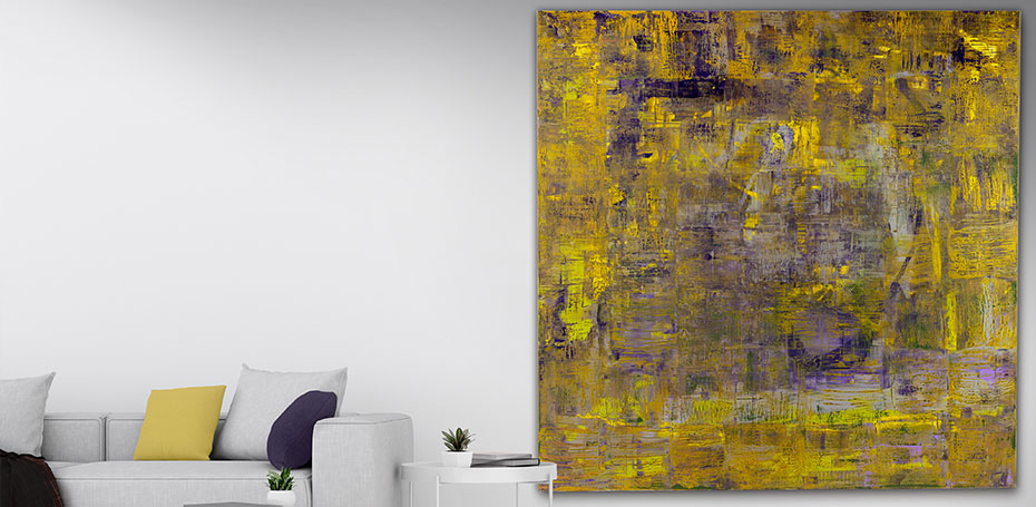 Ocher, yellow, purple, lilac, 160 x 160 cm, square strong acrylic artwork