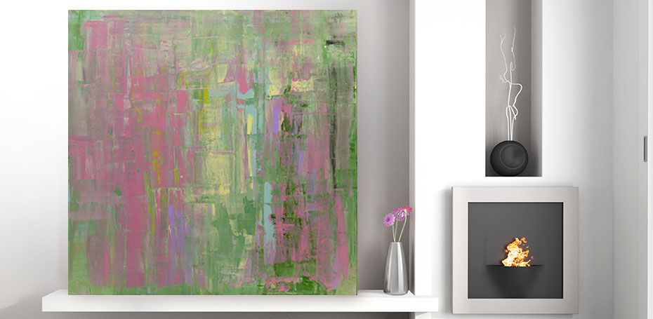 Pastel colors rose, green, mint and yellow, XXL acrylic artwork, 160 x 160 cm
