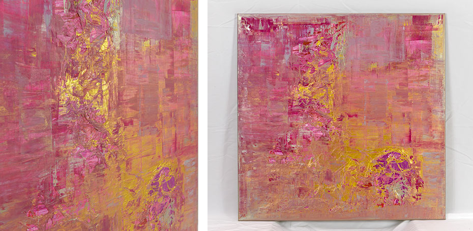 Strong pink and rose colors, golden accents, fine acrylic painting