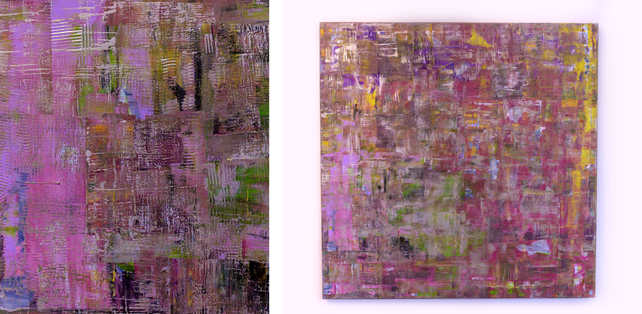 Farbkombination aus Rosetönen, gelb, ocker, flieder, violett, Acrylgemälde, 150 x 150 cm