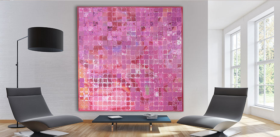 Rose colors, shades of red, shades of white, square grid, large pastel acrylic painting