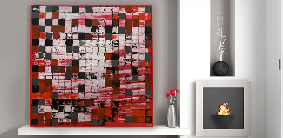 Strong red tones, white, black, square grid, large acrylic painting, 160 x 160 cm