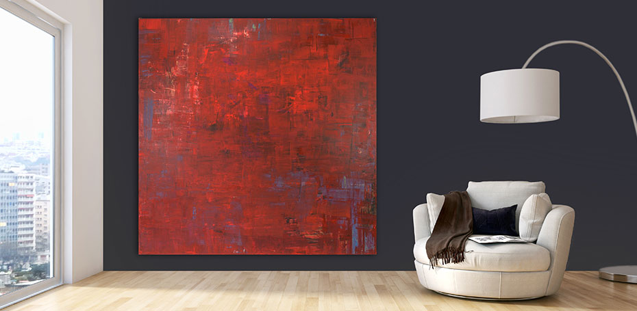 Rotes Acrylgemälde, 200 x 200 cm, dunkler Hintergund